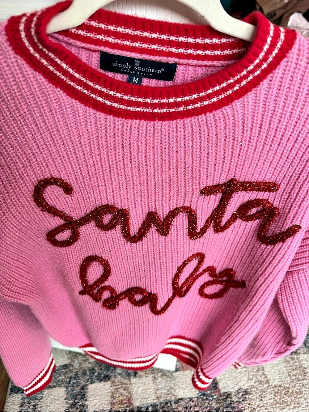 Simply Southern Santa Baby Sweater Pink & Red Medium - Picture 6 of 10